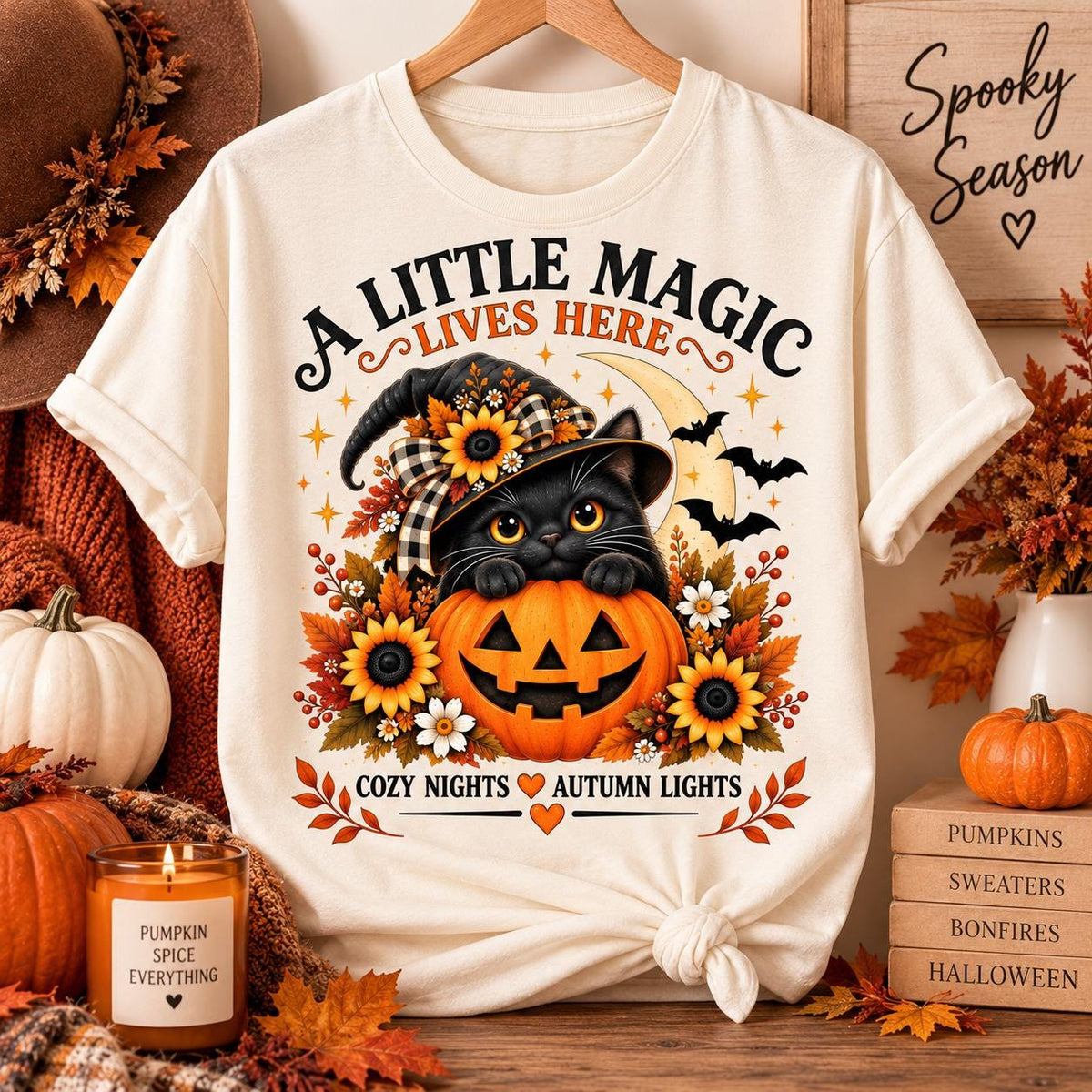 Black Cat Halloween Shirt, Witch Cat Pumpkin T-Shirt, A Little Magic Lives Here Tee, Cozy Spooky Season Top, Fall Cat Lover Gift image 1