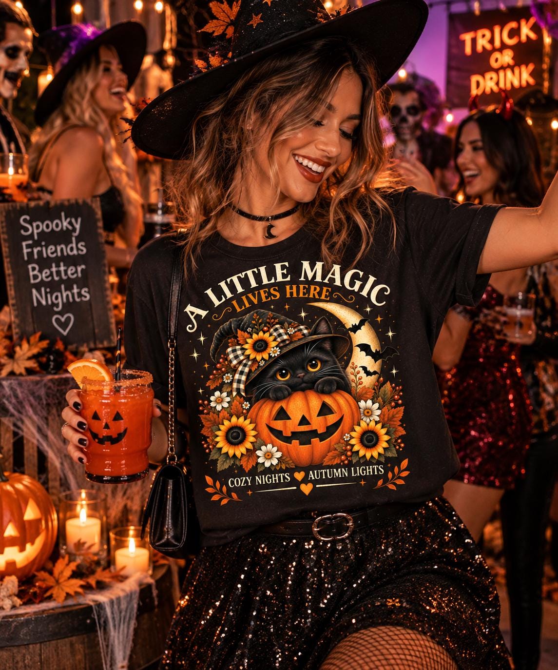 Black Cat Halloween Shirt, Witch Cat Pumpkin T-Shirt, A Little Magic Lives Here Tee, Cozy Spooky Season Top, Fall Cat Lover Gift image 2