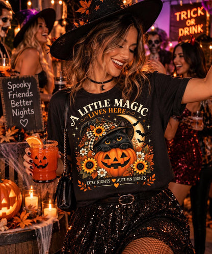 Black Cat Halloween Shirt, Witch Cat Pumpkin T-Shirt, A Little Magic Lives Here Tee, Cozy Spooky Season Top, Fall Cat Lover Gift image 2