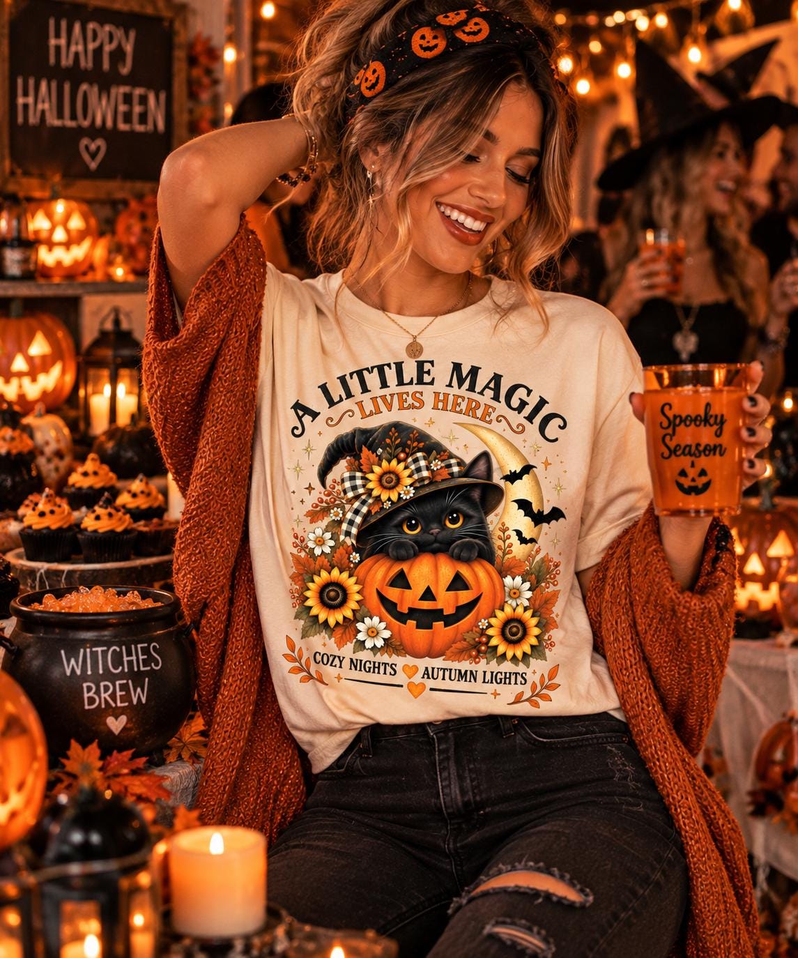 Black Cat Halloween Shirt, Witch Cat Pumpkin T-Shirt, A Little Magic Lives Here Tee, Cozy Spooky Season Top, Fall Cat Lover Gift image 3