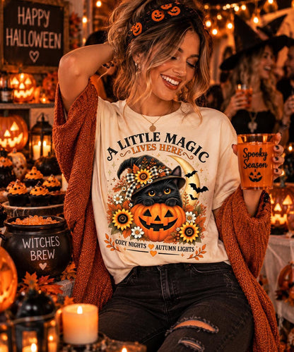 Black Cat Halloween Shirt, Witch Cat Pumpkin T-Shirt, A Little Magic Lives Here Tee, Cozy Spooky Season Top, Fall Cat Lover Gift image 3