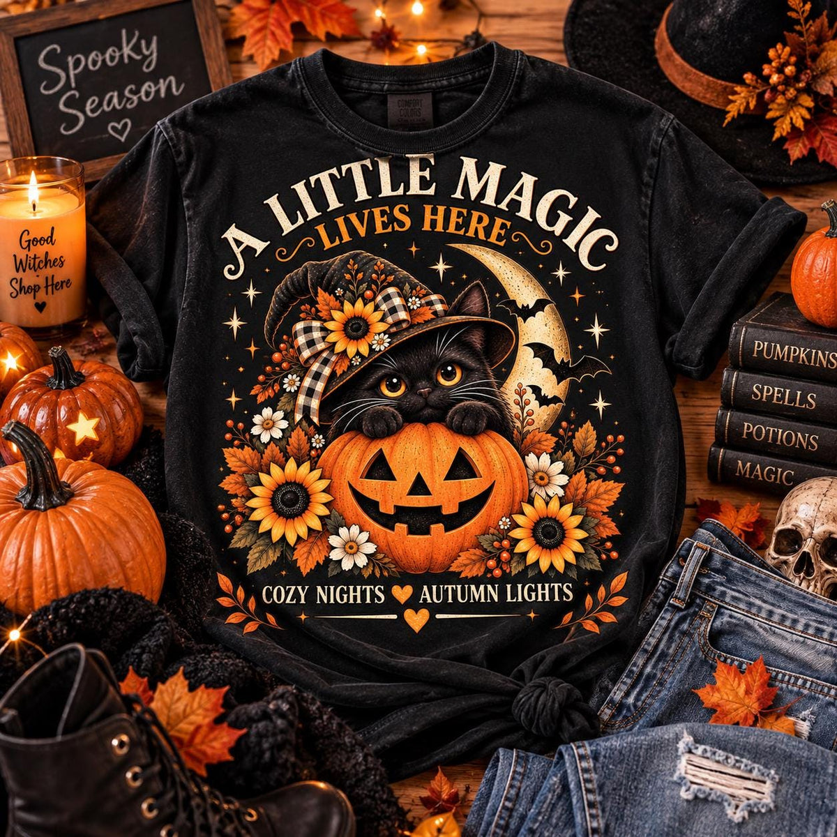 Black Cat Halloween Shirt, Witch Cat Pumpkin T-Shirt, A Little Magic Lives Here Tee, Cozy Spooky Season Top, Fall Cat Lover Gift image 5