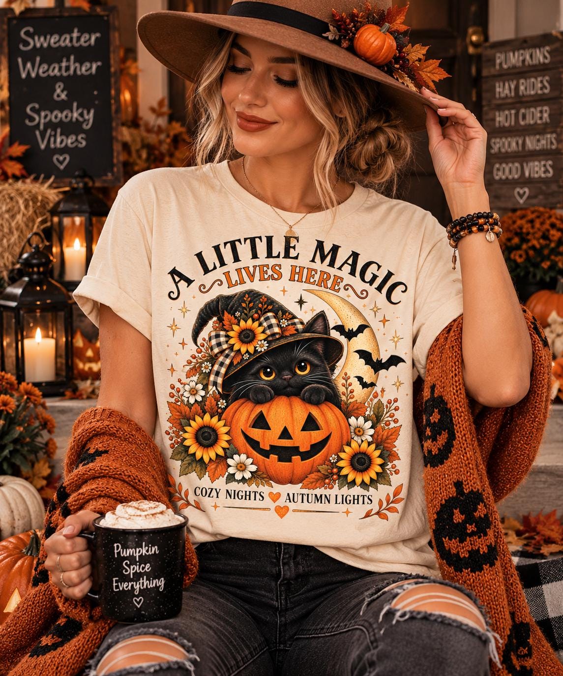 Black Cat Halloween Shirt, Witch Cat Pumpkin T-Shirt, A Little Magic Lives Here Tee, Cozy Spooky Season Top, Fall Cat Lover Gift image 7