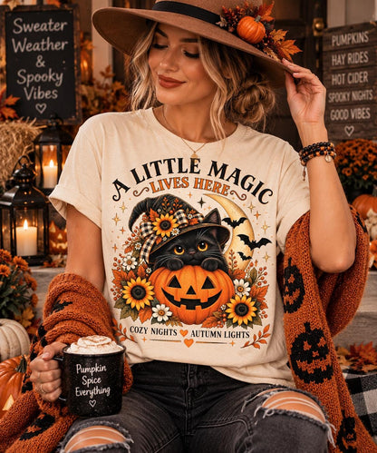 Black Cat Halloween Shirt, Witch Cat Pumpkin T-Shirt, A Little Magic Lives Here Tee, Cozy Spooky Season Top, Fall Cat Lover Gift image 7