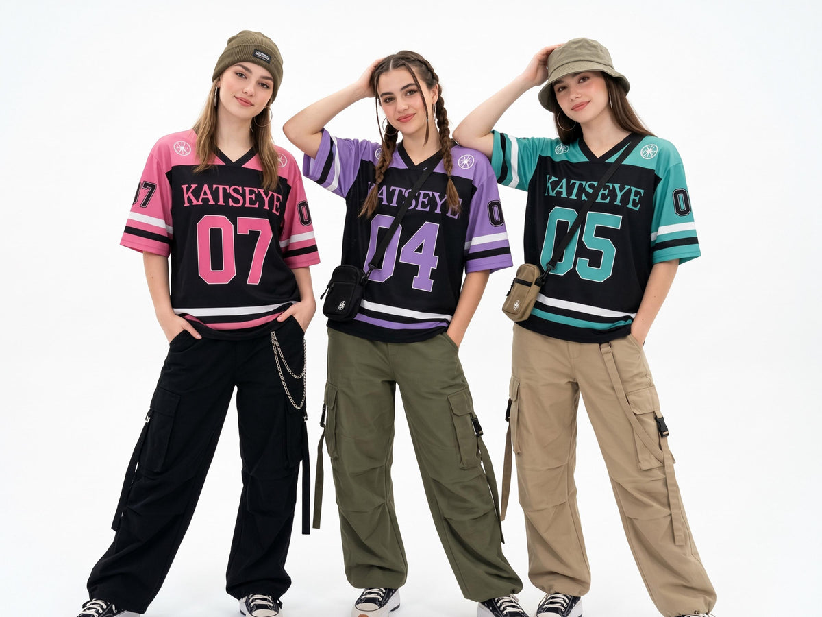 May include: Three short-sleeved V-neck jerseys featuring the text KATSEYE and numbers 07, 04, and 05 in pink, purple, and teal. Each jersey is paired with loose-fitting cargo pants in black, olive green, and tan, along with small crossbody bags.