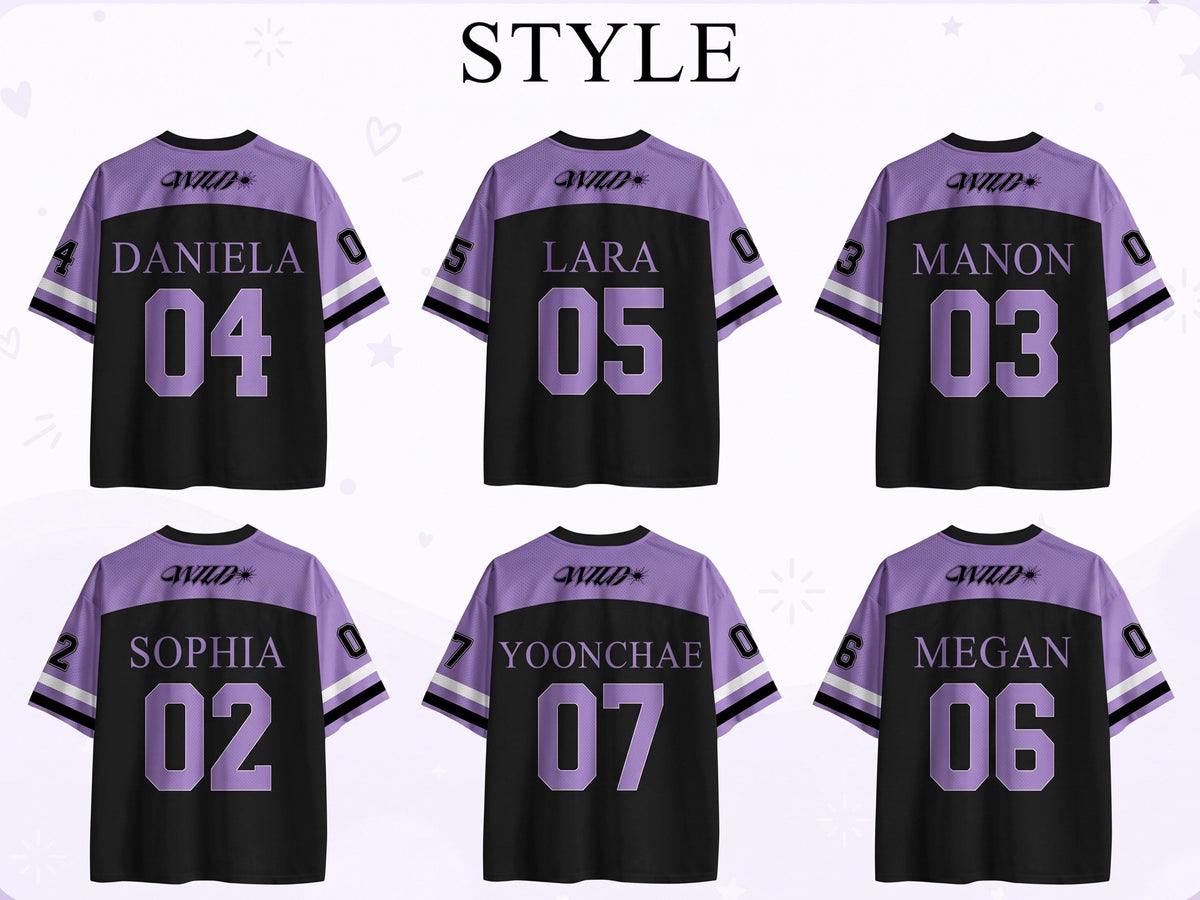 May include: Six short-sleeved jerseys in a purple and black color scheme. Each jersey features the word WILD at the top, a unique name in the center, and a two-digit number below. The sleeves have white and black stripes on the cuffs.