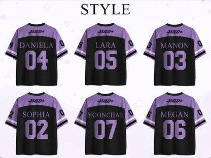 May include: Six short-sleeved jerseys in a purple and black color scheme. Each jersey features the word WILD at the top, a unique name in the center, and a two-digit number below. The sleeves have white and black stripes on the cuffs.