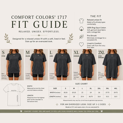 May include: A Comfort Colors 1717 fit guide infographic featuring a size chart with widths and lengths in inches, descriptions of relaxed, loose, and oversized fits, and five images of a person wearing a dark gray t-shirt in sizes S through 2XL.