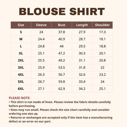 May include: A size chart for a blouse shirt with brown text on a cream background. The table lists sizes from S to 6XL with corresponding measurements for sleeve, bust, length, and shoulder. Below the table, text provides notes on fabric, sizing, and returns.