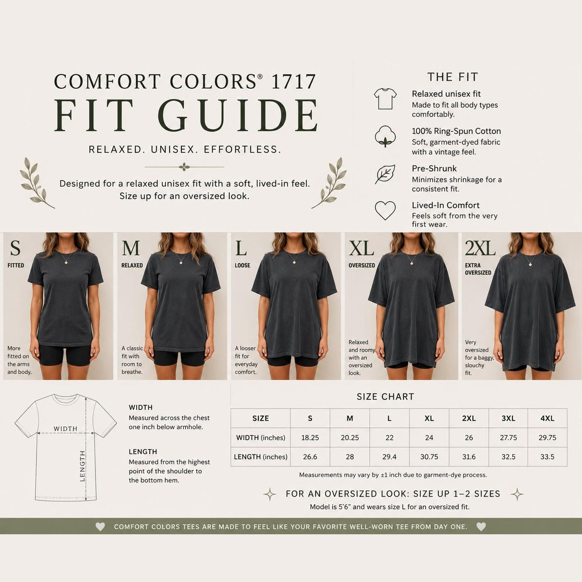 May include: A Comfort Colors 1717 fit guide infographic featuring a size chart with widths and lengths in inches, descriptions of relaxed, loose, and oversized fits, and five images of a person wearing a dark gray t-shirt in sizes S through 2XL.