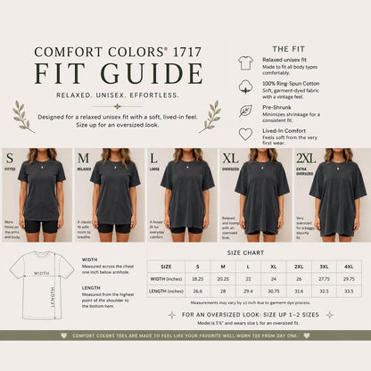 May include: A Comfort Colors 1717 fit guide infographic featuring a size chart with widths and lengths in inches, descriptions of relaxed, loose, and oversized fits, and five images of a person wearing a dark gray t-shirt in sizes S through 2XL.
