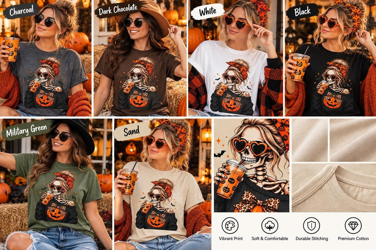 A grid of six product photos showing the same Halloween t-shirt in charcoal, dark chocolate, white, black, military green, and sand colors.