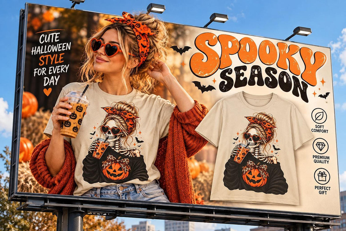 A large outdoor billboard displaying a woman wearing the Halloween t-shirt next to the text Spooky Season.