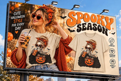 A large outdoor billboard displaying a woman wearing the Halloween t-shirt next to the text Spooky Season.