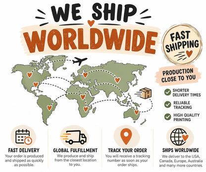 An informational graphic featuring a world map with dotted lines connecting various regions, accompanied by text detailing worldwide shipping benefits and delivery steps.