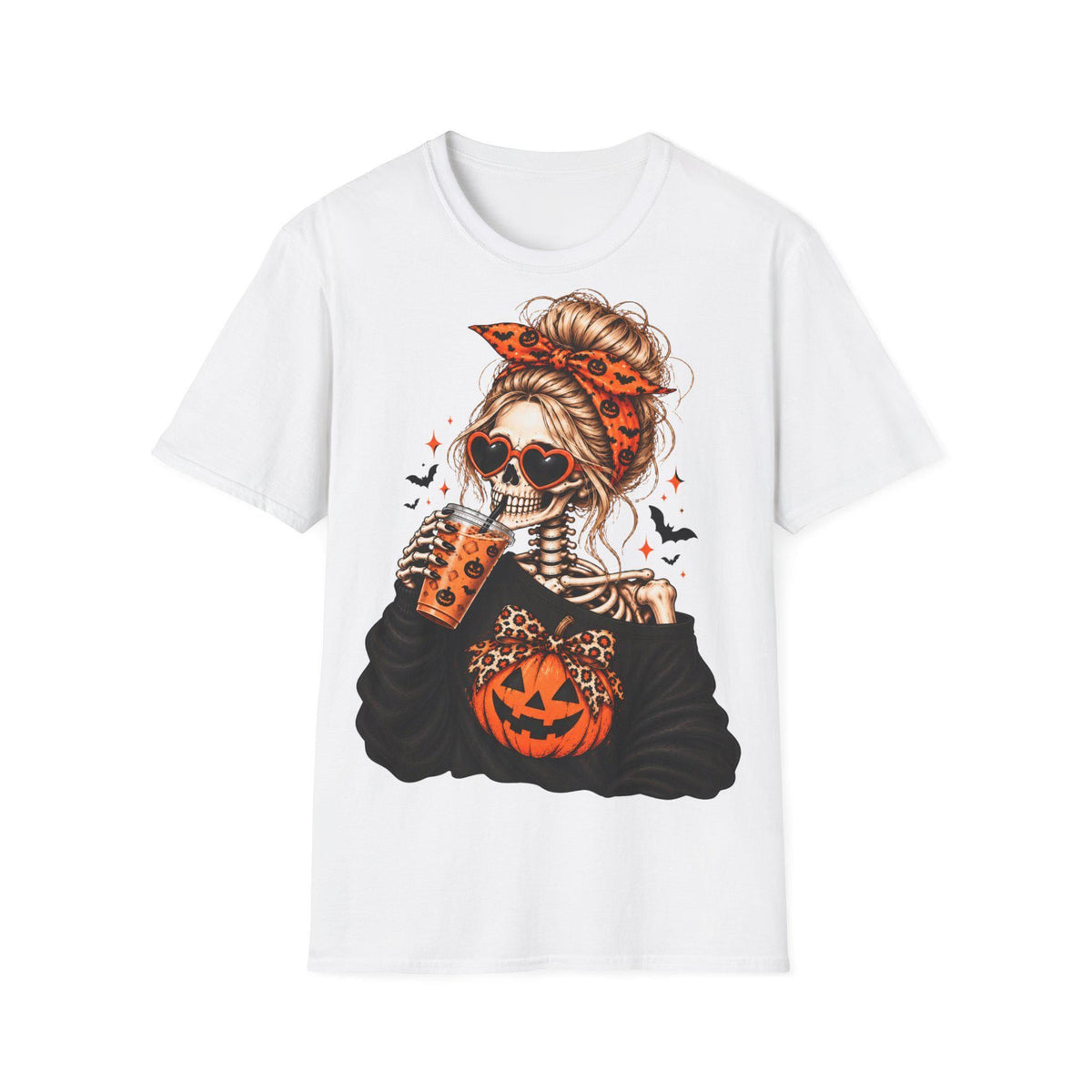 A white t-shirt centered with a graphic of a skeleton woman with a bun and orange patterned headband wearing heart-shaped sunglasses and drinking from a cup.