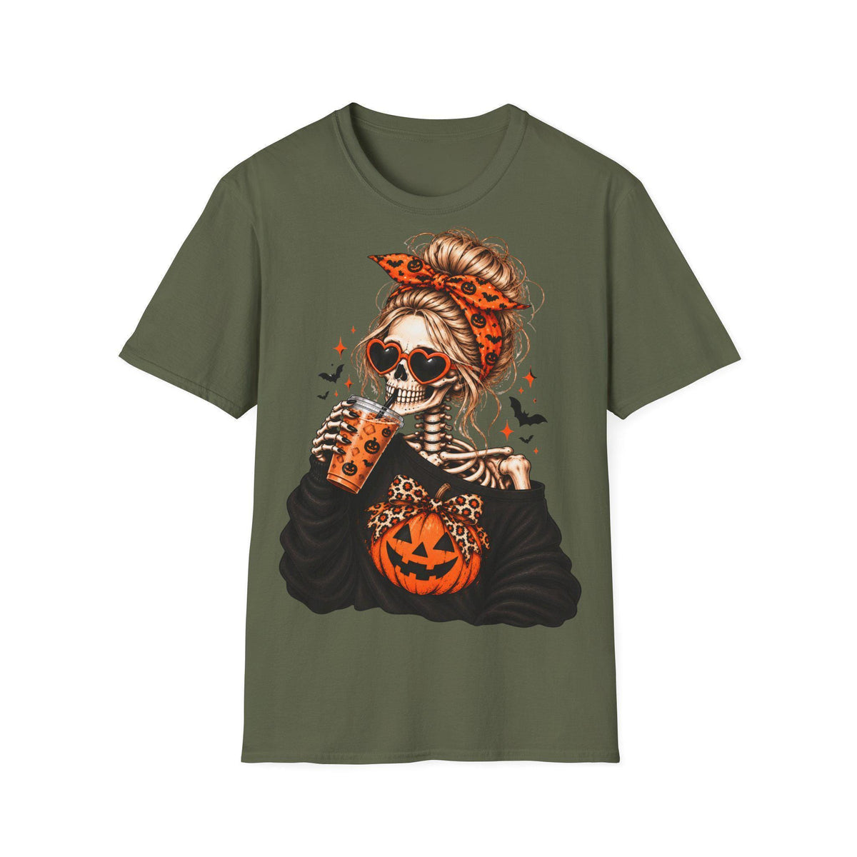 An olive green t-shirt centered with a graphic of a skeleton woman with a bun and orange patterned headband wearing heart-shaped sunglasses and drinking from a cup.