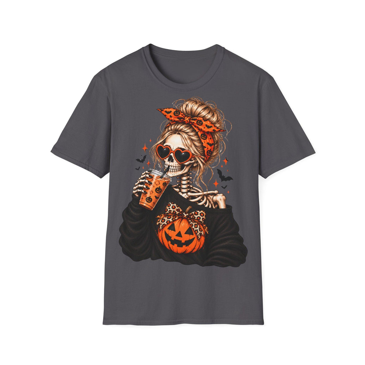 A dark gray t-shirt centered with a graphic of a skeleton woman with a bun and orange patterned headband wearing heart-shaped sunglasses and drinking from a cup.