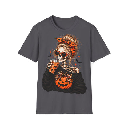 A dark gray t-shirt centered with a graphic of a skeleton woman with a bun and orange patterned headband wearing heart-shaped sunglasses and drinking from a cup.