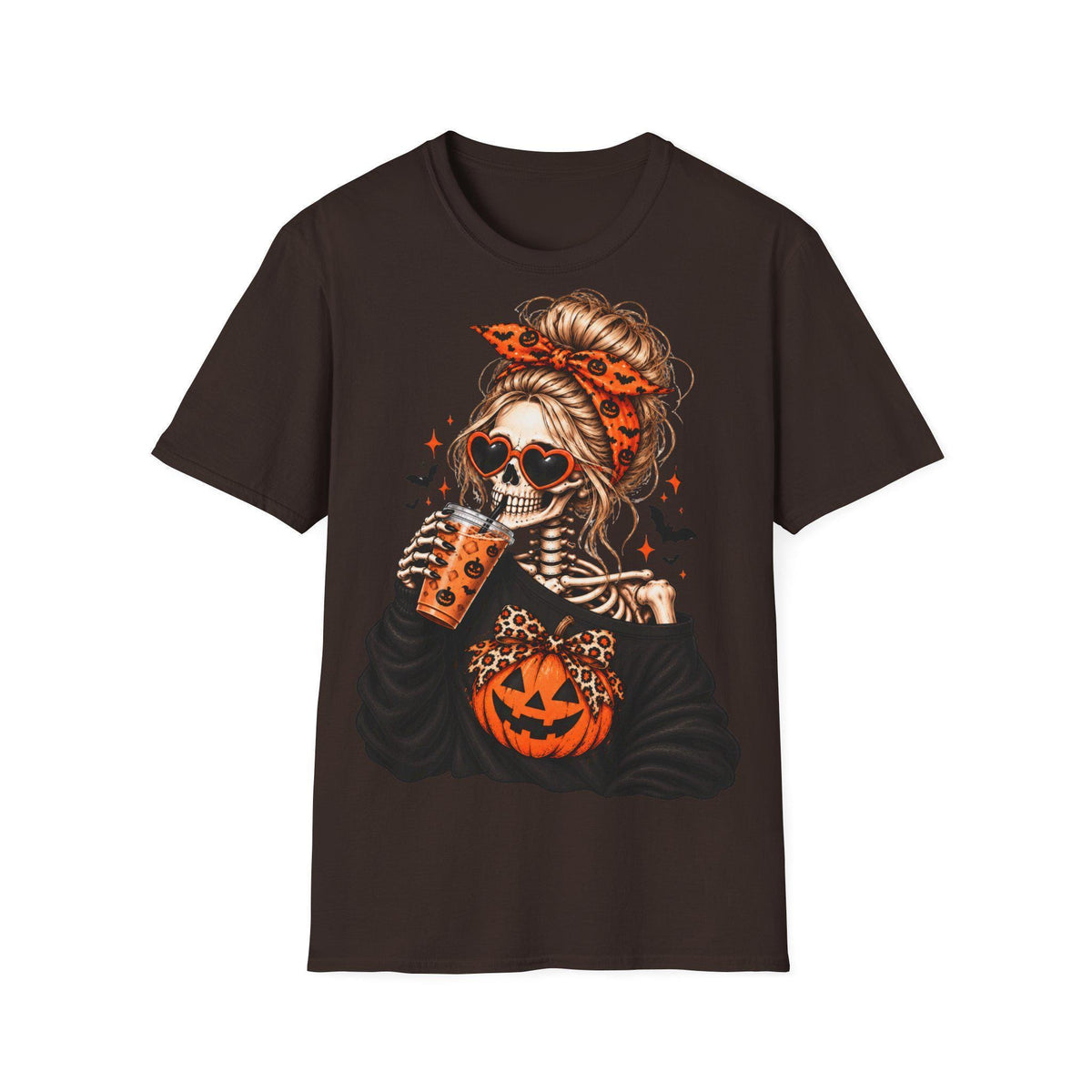 A dark brown t-shirt centered with a graphic of a skeleton woman with a bun and orange patterned headband wearing heart-shaped sunglasses and drinking from a cup.