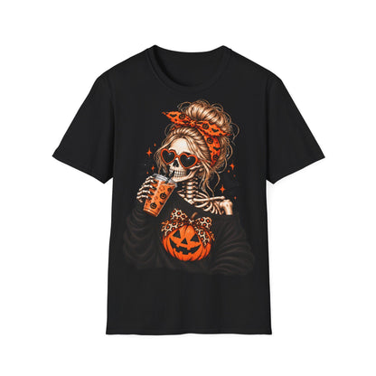 A black t-shirt centered with a graphic of a skeleton woman with a bun and orange patterned headband wearing heart-shaped sunglasses and drinking from a cup.