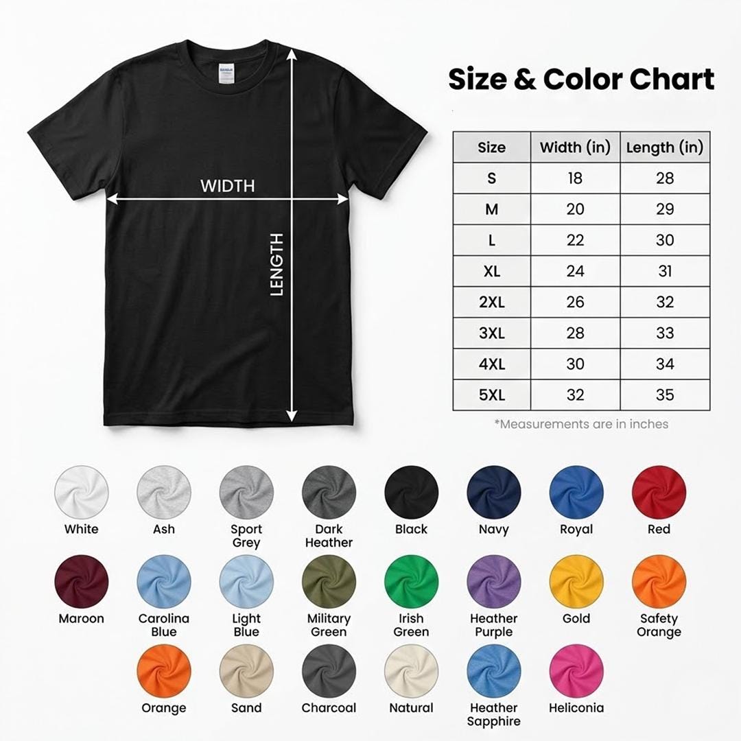 May include: A black short-sleeve t-shirt with a size and color chart. The chart displays width and length measurements in inches for sizes S through 5XL, alongside a grid of twenty-four circular color swatches labeled with their respective names.