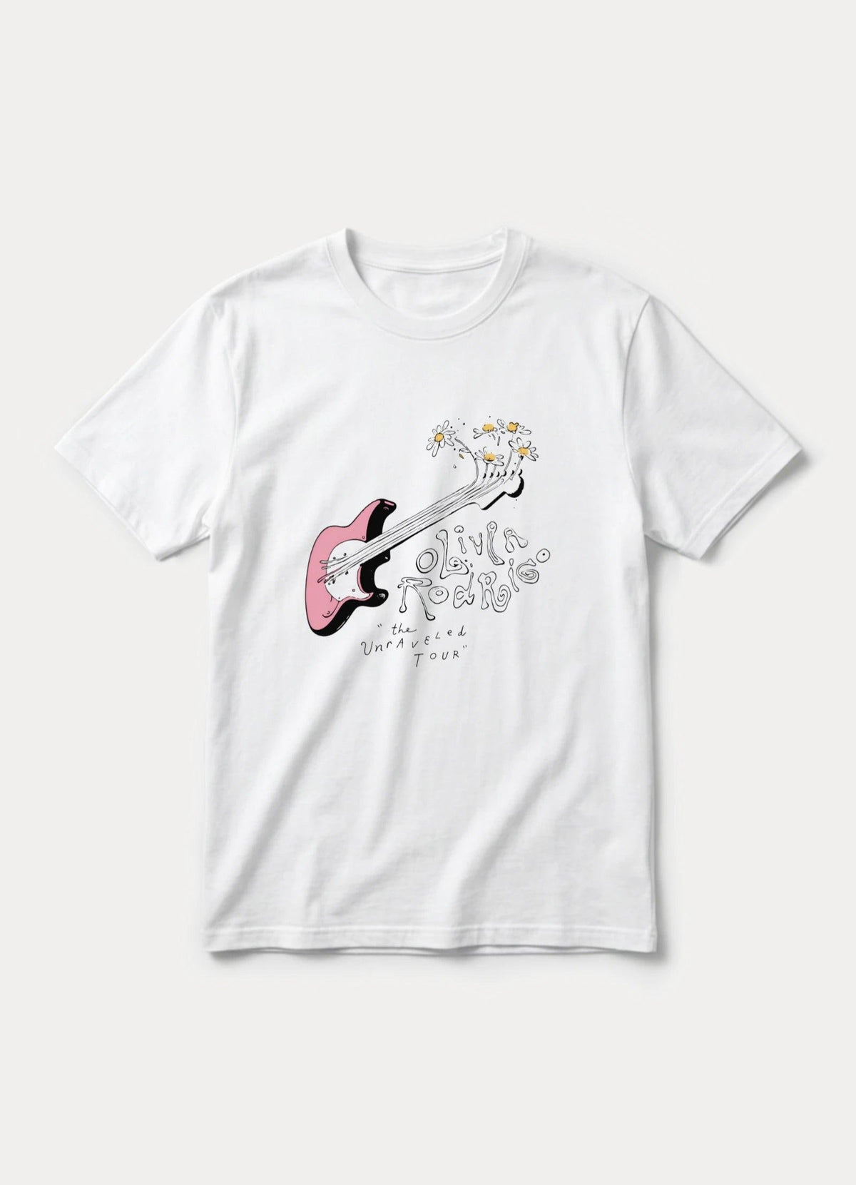 May include: A white short-sleeve t-shirt featuring a graphic of a pink electric guitar with white daisies sprouting from the headstock. The text reads Olivia Rodrigo and the Unraveled Tour in a stylized, handwritten black font on the front.