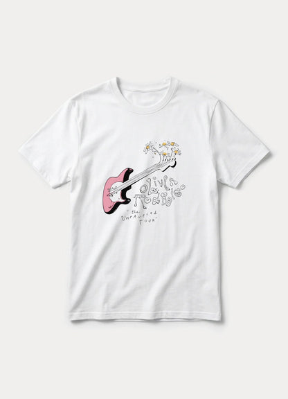 May include: A white short-sleeve t-shirt featuring a graphic of a pink electric guitar with white daisies sprouting from the headstock. The text reads Olivia Rodrigo and the Unraveled Tour in a stylized, handwritten black font on the front.