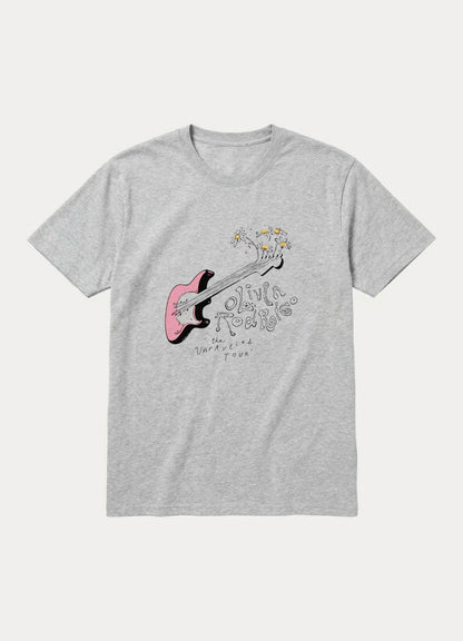 May include: A heather gray t-shirt featuring a graphic of a pink electric guitar with daisies sprouting from the headstock. The text reads Olivia Rodrigo and the Unraveled Tour in a stylized, hand-drawn black font centered on the chest area.