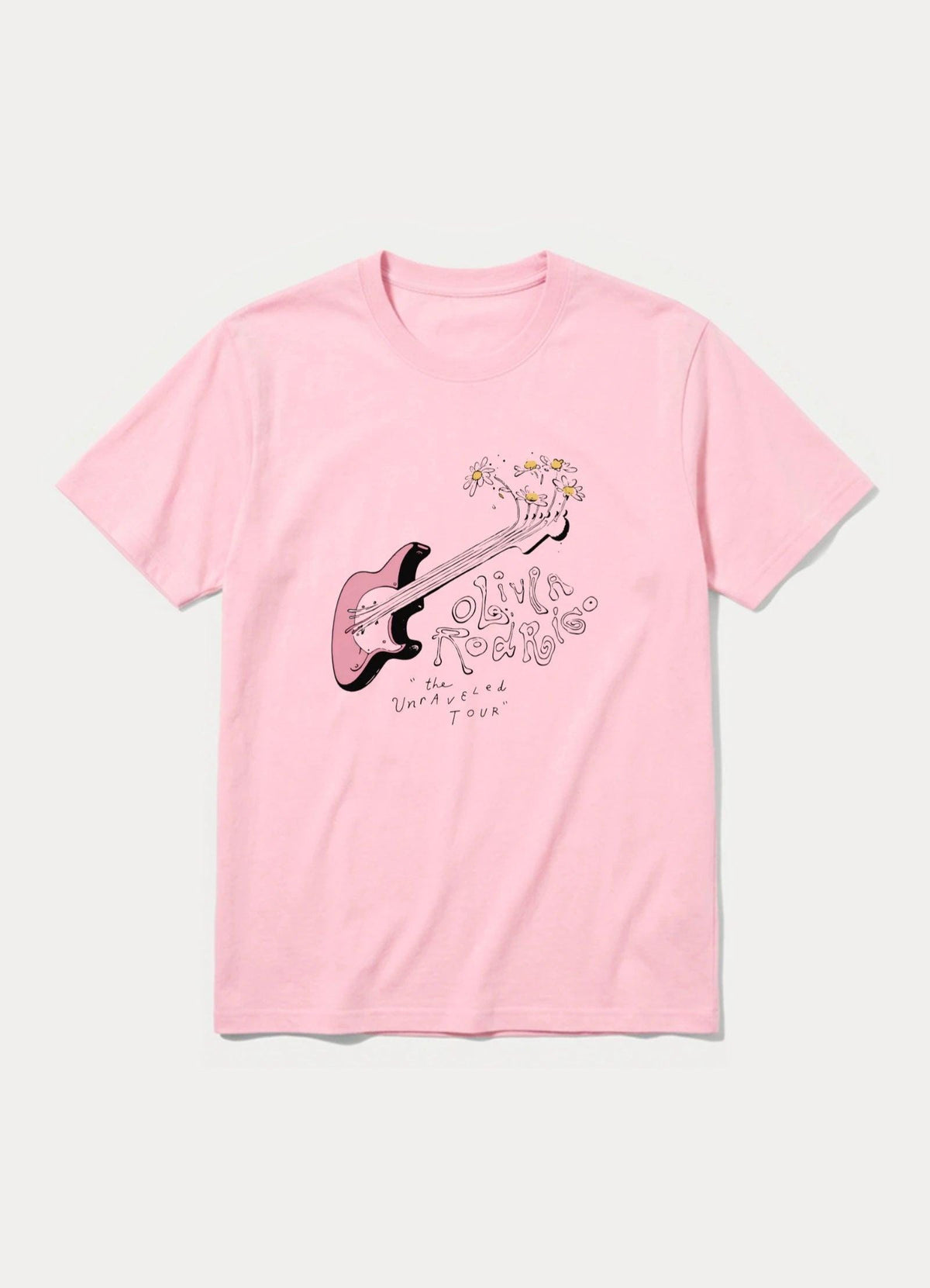 May include: A light pink short-sleeve t-shirt featuring a graphic of a pink electric guitar with daisies sprouting from the headstock. The text reads Olivia Rodrigo and the Unraveled Tour in a stylized, hand-drawn black font on the front.