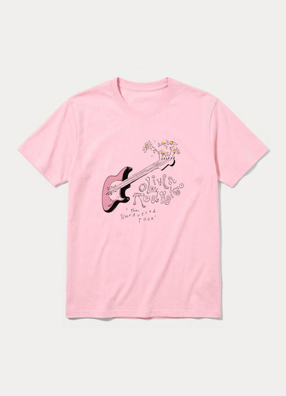May include: A light pink short-sleeve t-shirt featuring a graphic of a pink electric guitar with daisies sprouting from the headstock. The text reads Olivia Rodrigo and the Unraveled Tour in a stylized, hand-drawn black font on the front.