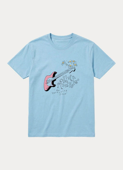 May include: A light blue short-sleeve t-shirt featuring a graphic of a pink electric guitar with yellow daisies sprouting from the headstock. The text reads Olivia Rodrigo and the Unraveled Tour in a stylized, hand-drawn black font.