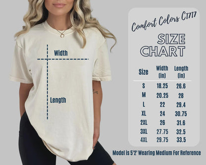 May include: A cream-colored short-sleeve t-shirt with a size chart for Comfort Colors C1717. The chart lists sizes S through 4XL with width and length measurements in inches, ranging from 18.25 to 29.75 inches wide and 26.6 to 33.5 inches long.
