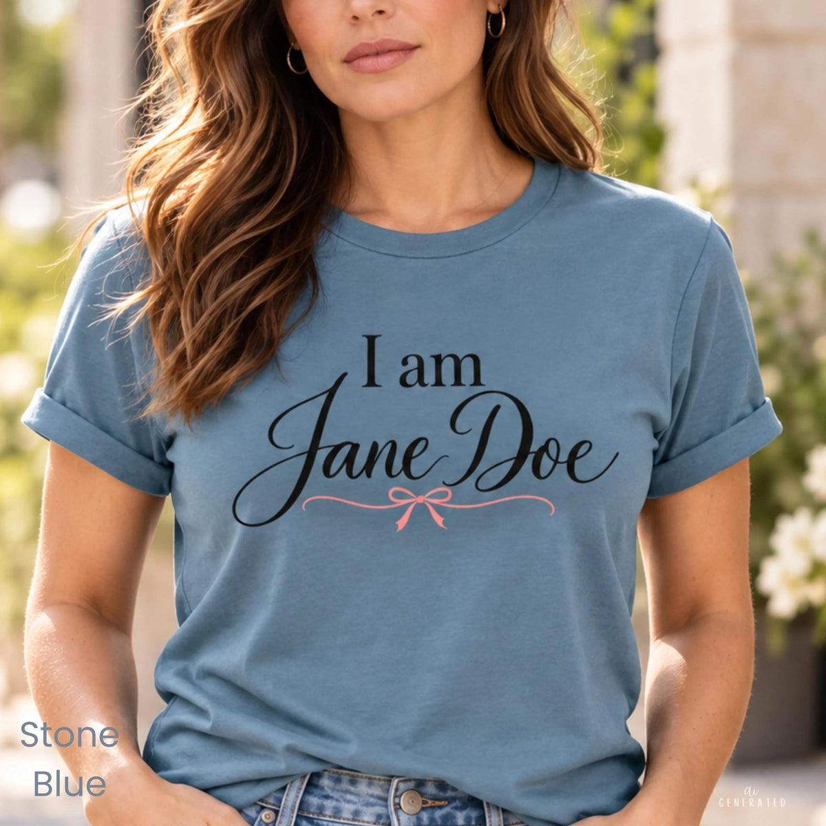 A woman wearing a blue t-shirt with the text "I am Jane Doe" printed on it.