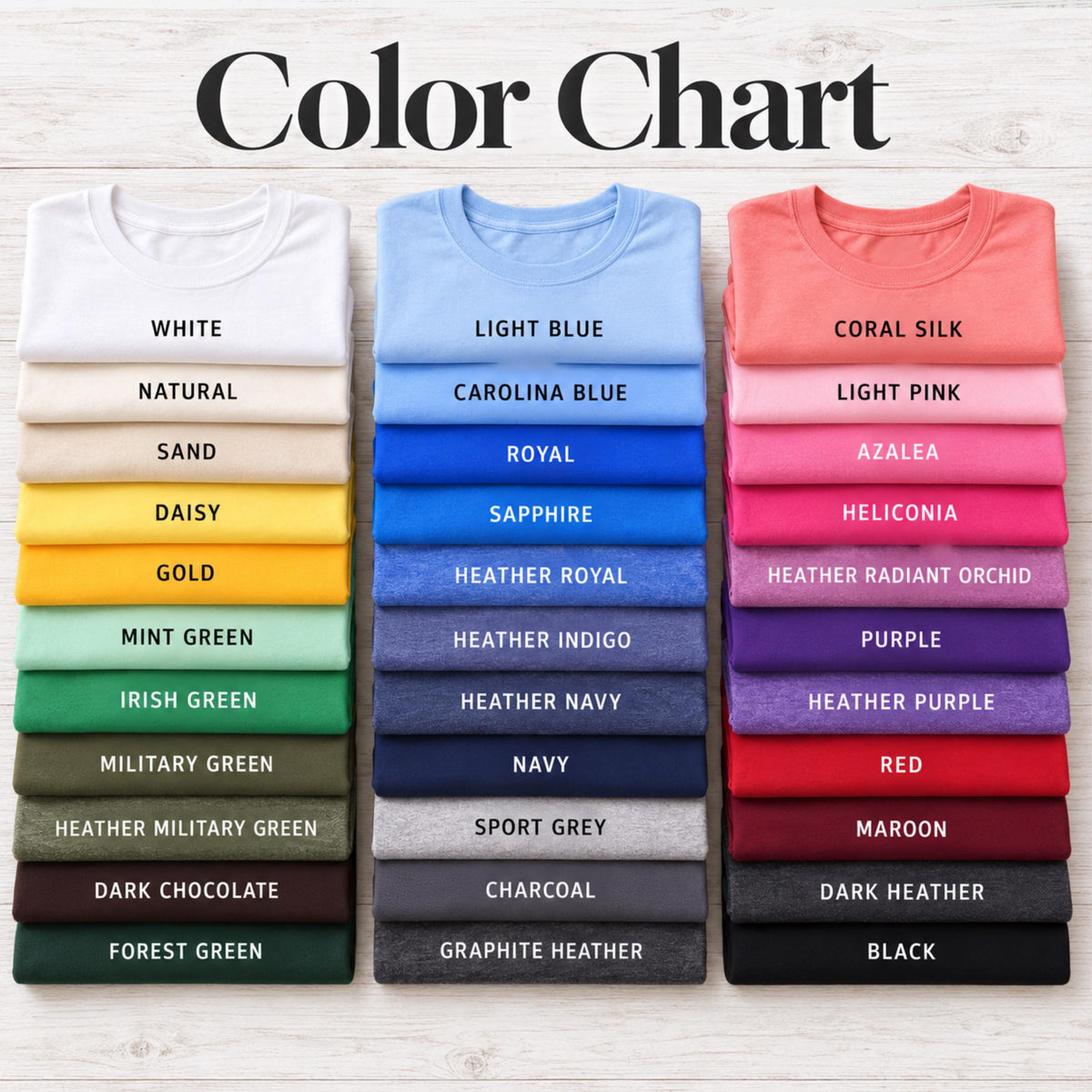 A color chart displaying various colored t-shirts, each with a different color name, arranged in two rows.