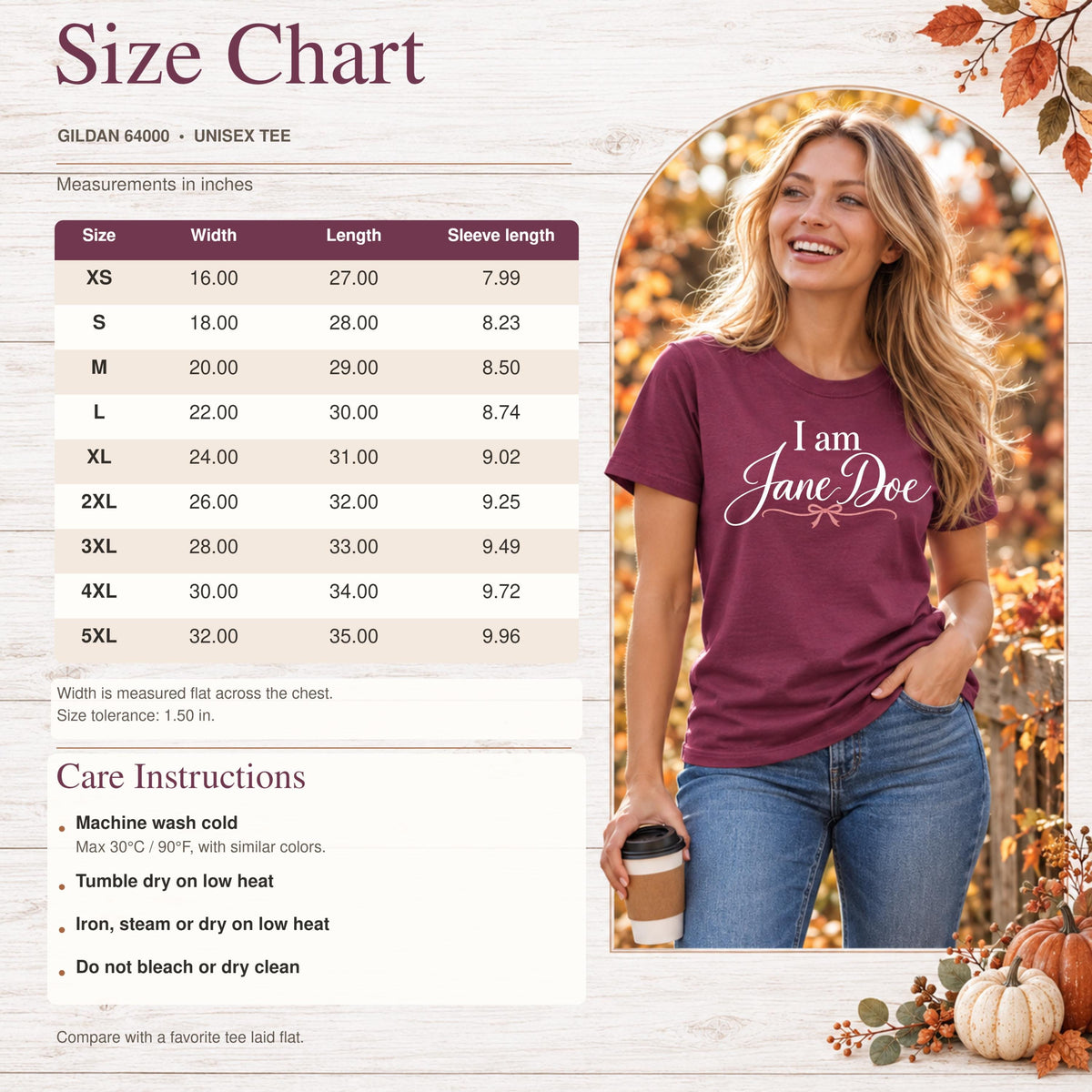 a woman wearing a maroon t-shirt with the text "I am Jane Doe" printed on it. She is standing in front of a background with autumn leaves and pumpkins.