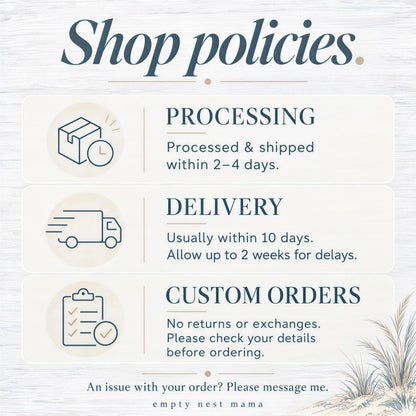 a set of three policies for a shop, including processing, delivery, and custom orders.