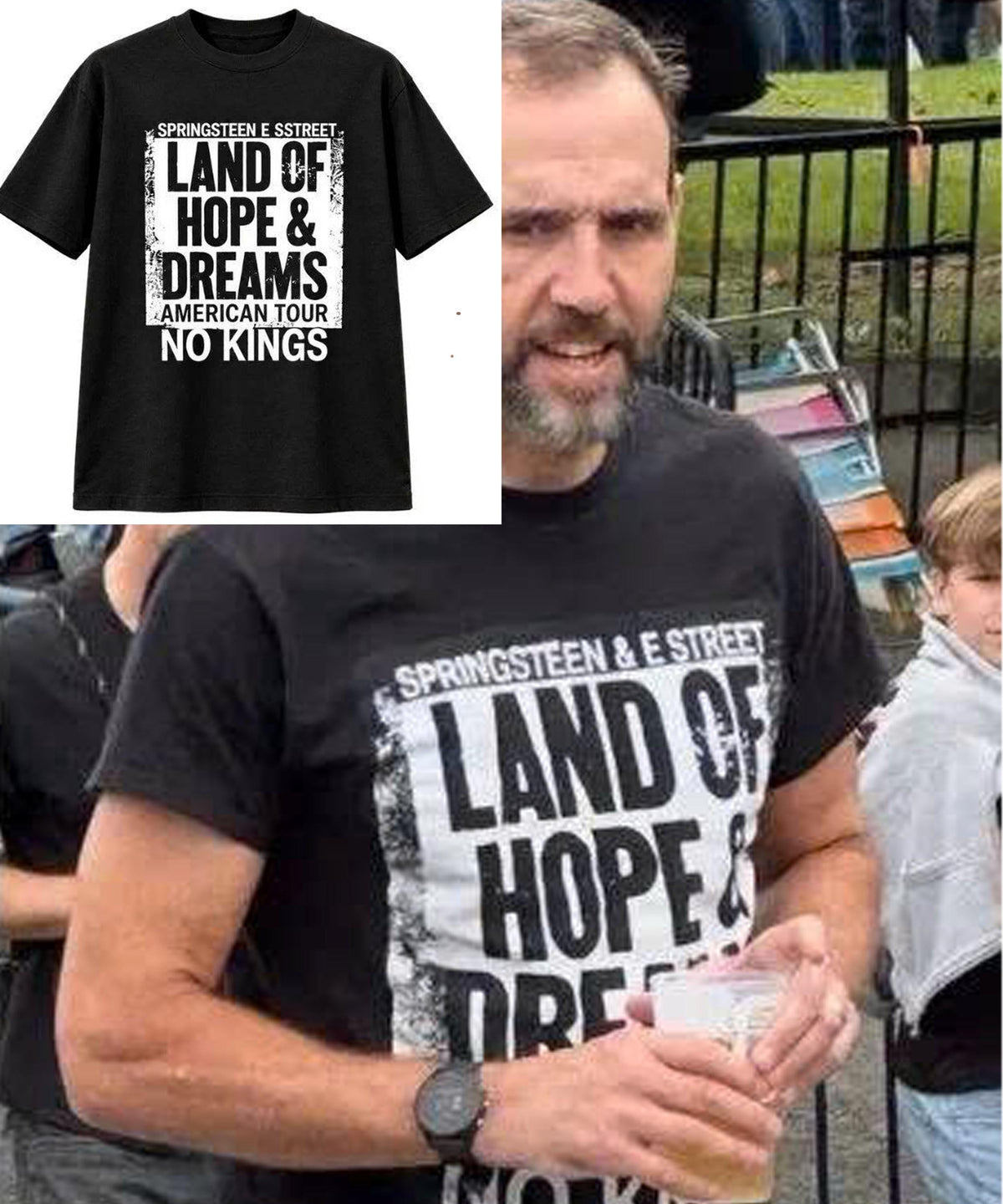 May include: A black short-sleeved t-shirt featuring a white rectangular graphic with the text "SPRINGSTEEN E STREET LAND OF HOPE & DREAMS AMERICAN TOUR NO KINGS" printed in bold black lettering across the chest area of the garment.