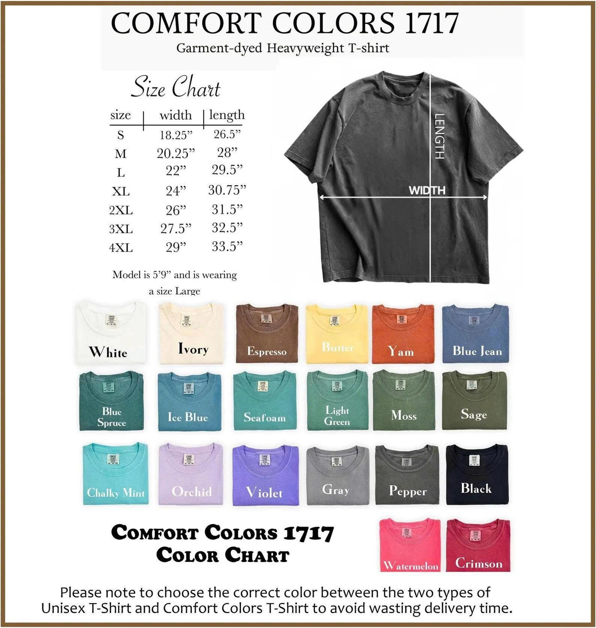May include: A Comfort Colors 1717 garment-dyed heavyweight t-shirt shown in a charcoal gray color with a size chart listing widths and lengths from 18.25 to 29 inches and 26.5 to 33.5 inches, plus a color chart displaying twenty-two different color options.