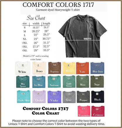 May include: A Comfort Colors 1717 garment-dyed heavyweight t-shirt shown in a charcoal gray color with a size chart listing widths and lengths from 18.25 to 29 inches and 26.5 to 33.5 inches, plus a color chart displaying twenty-two different color options.