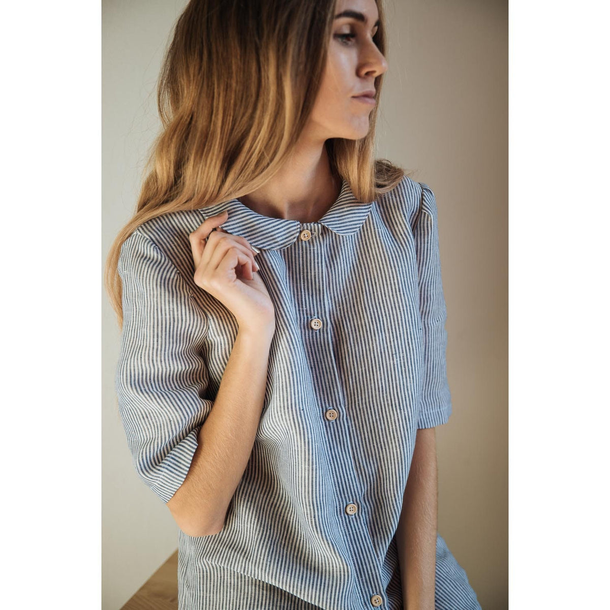 Linen shirt for women MIA, linen blouse, women's clothing, official outfit, elegant linen shirt, everyday top, striped shirt, modest shirt