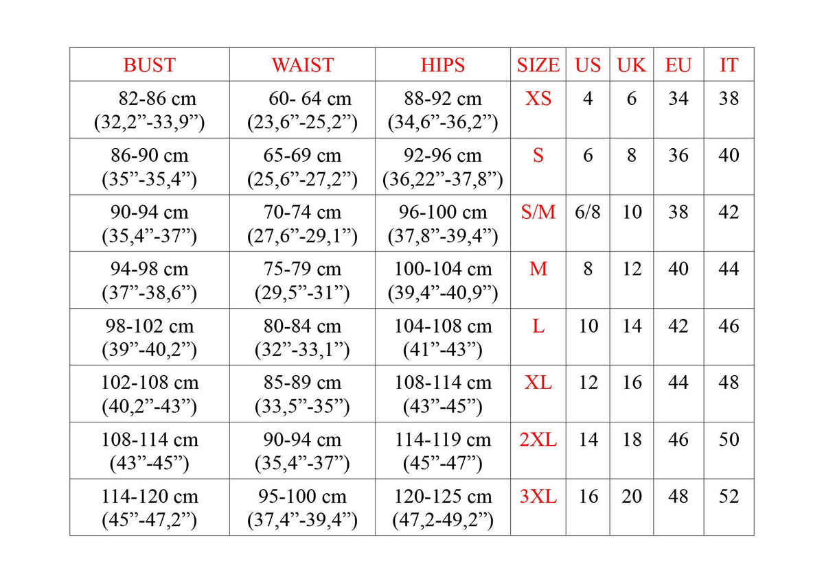 May include: Size chart for clothing with measurements in inches and centimeters. The chart shows bust, waist, hip measurements in both inches and centimeters, along with corresponding US, UK, EU, and IT sizes.