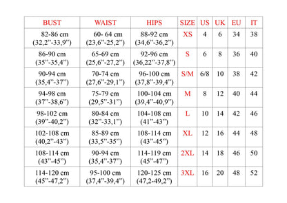 May include: Size chart for clothing with measurements in inches and centimeters. The chart shows bust, waist, hip measurements in both inches and centimeters, along with corresponding US, UK, EU, and IT sizes.