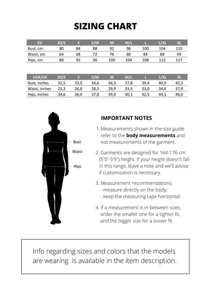 May include: A sizing chart with EU and USA/UK measurements for bust, waist, and hips in centimeters and inches. Includes a silhouette diagram and important notes about garment measurements and sizing recommendations.