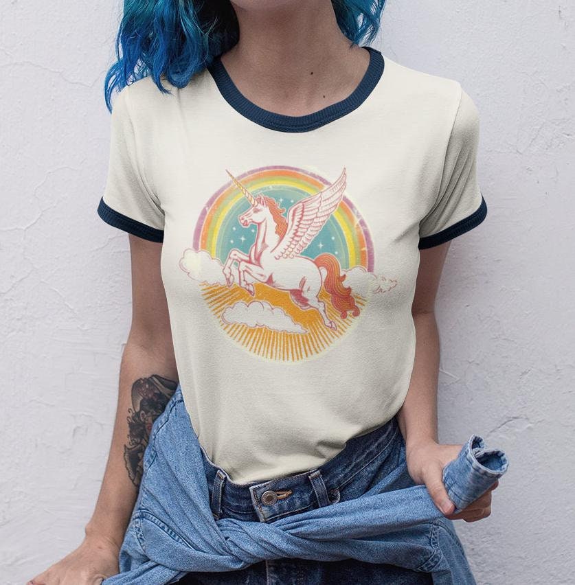 Sparkling Pegasus Vintage Style Cotton Ringer T-Shirt | Retro Aesthetic Oversized Shirt | Pegasus Gift | 1970's style tee | Rainbow Tee