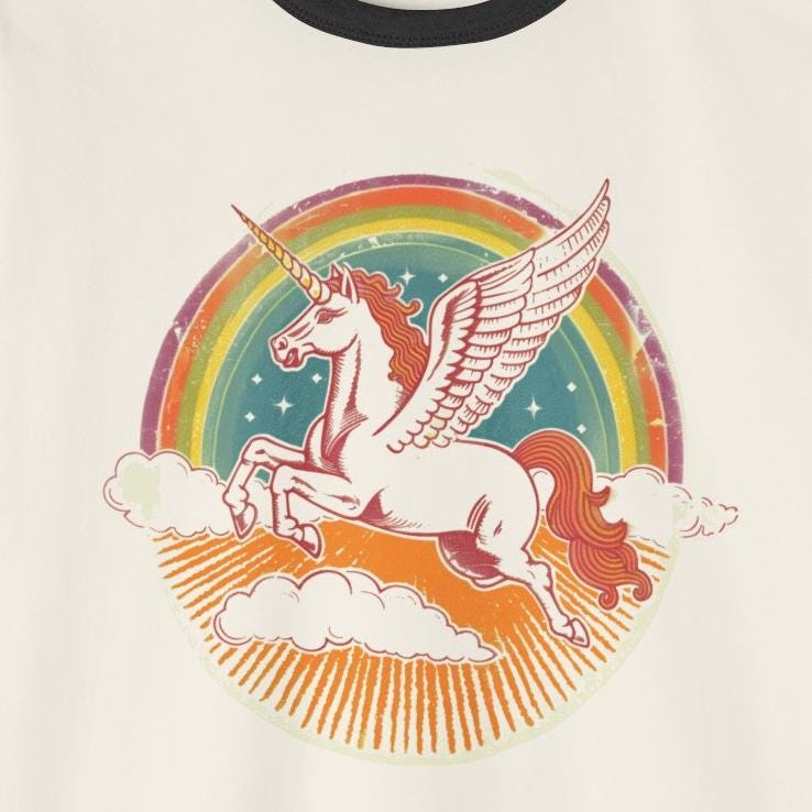 Sparkling Pegasus Vintage Style Cotton Ringer T-Shirt | Retro Aesthetic Oversized Shirt | Pegasus Gift | 1970's style tee | Rainbow Tee