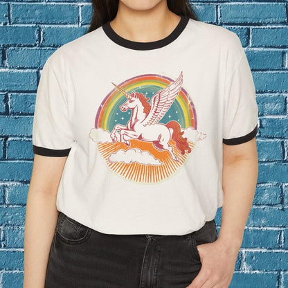 Sparkling Pegasus Vintage Style Cotton Ringer T-Shirt | Retro Aesthetic Oversized Shirt | Pegasus Gift | 1970's style tee | Rainbow Tee