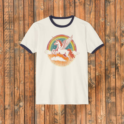 Sparkling Pegasus Vintage Style Cotton Ringer T-Shirt | Retro Aesthetic Oversized Shirt | Pegasus Gift | 1970's style tee | Rainbow Tee