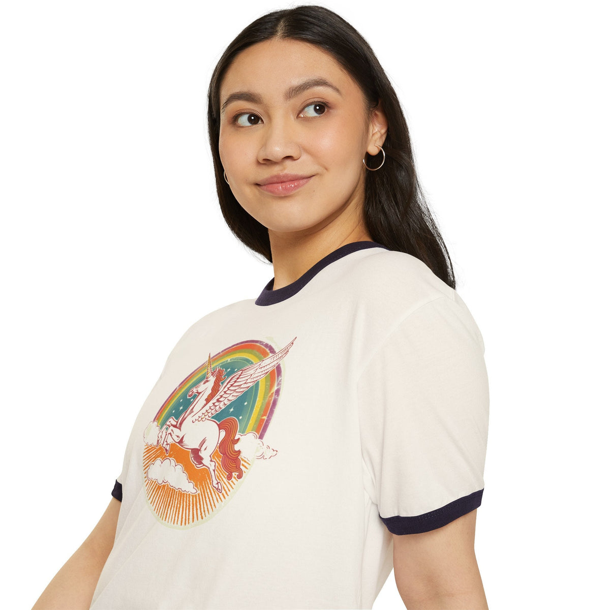 Sparkling Pegasus Vintage Style Cotton Ringer T-Shirt | Retro Aesthetic Oversized Shirt | Pegasus Gift | 1970's style tee | Rainbow Tee