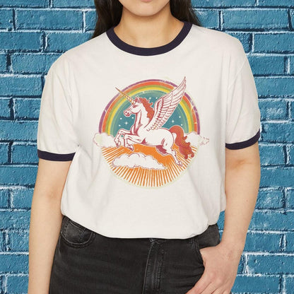 Sparkling Pegasus Vintage Style Cotton Ringer T-Shirt | Retro Aesthetic Oversized Shirt | Pegasus Gift | 1970's style tee | Rainbow Tee